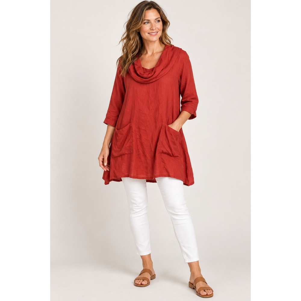 Match Point Tunic Women S Red Linen Cowl Neck 3/4 Sleeve Pockets HLT482